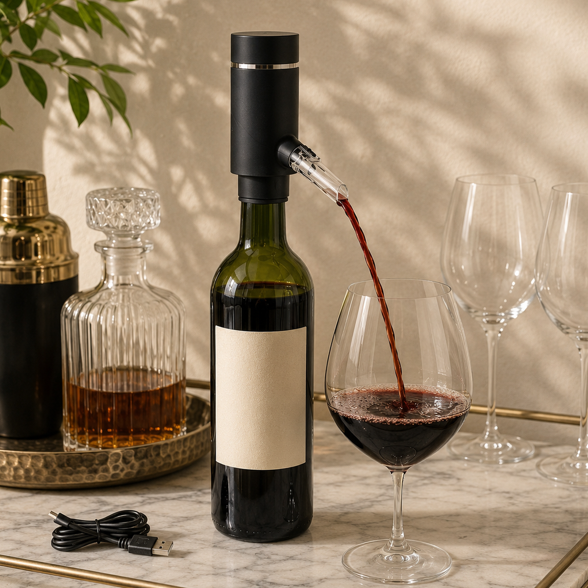 Electric wine aerator on a bottle of red wine on a marble bar cart, USB charging cable beside it