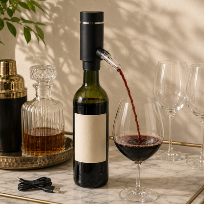 Electric wine aerator on a bottle of red wine on a marble bar cart, USB charging cable beside it