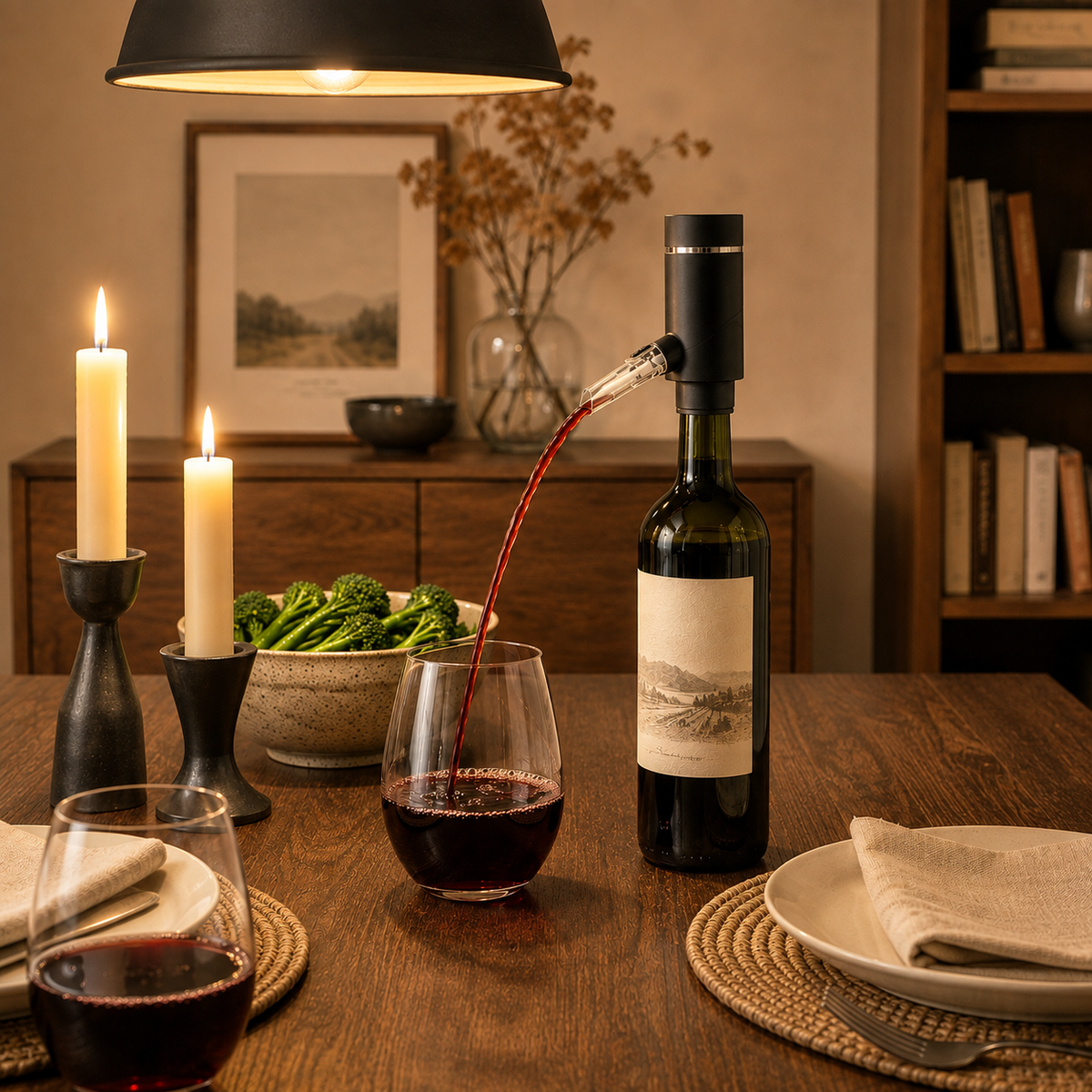 Electric wine aerator pouring red wine at a candlelit dinner table in the evening