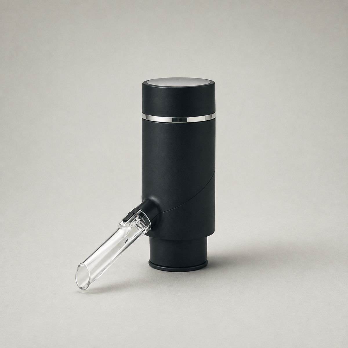 Electric wine aerator and dispenser in matte black, studio view showing the clear ribbed acrylic spout