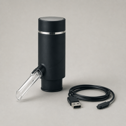 The matte black dispenser on the studio grey with its USB charging cable coiled beside it