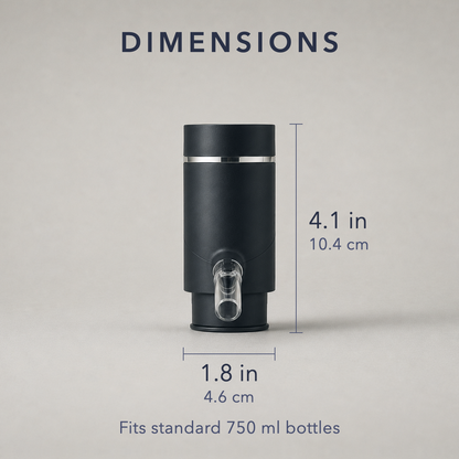 Dimensions of the electric wine aerator: 1.8 in wide and 4.1 in tall, 4.6 by 10.4 cm, fits standard 750 ml bottles