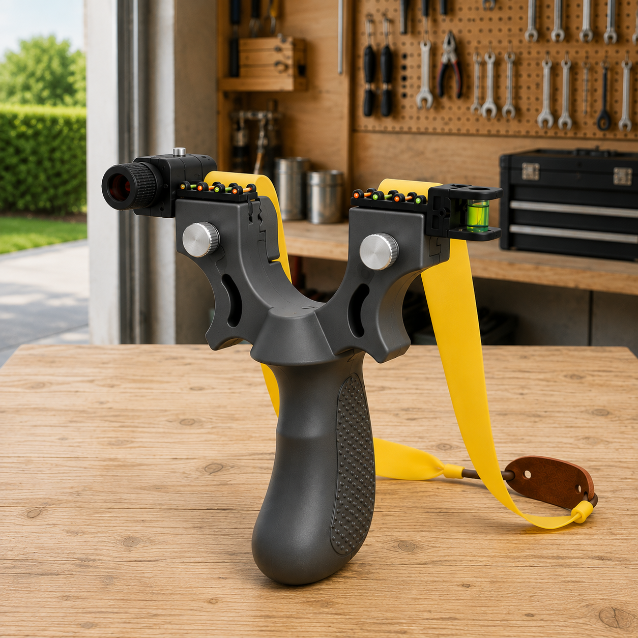 Gray slingshot with laser sight and spirit level on a wooden garage workbench, yellow flat bands and leather pouch fitted, hand tools on a pegboard behind