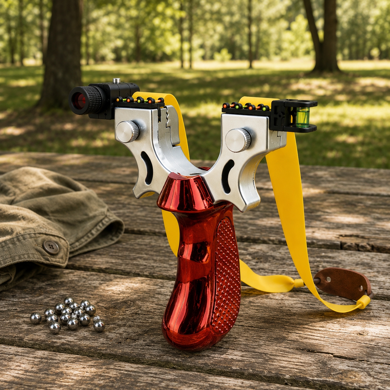 Red slingshot with laser sight and spirit level on a campsite picnic table in dappled daylight, with steel balls and a jacket beside it