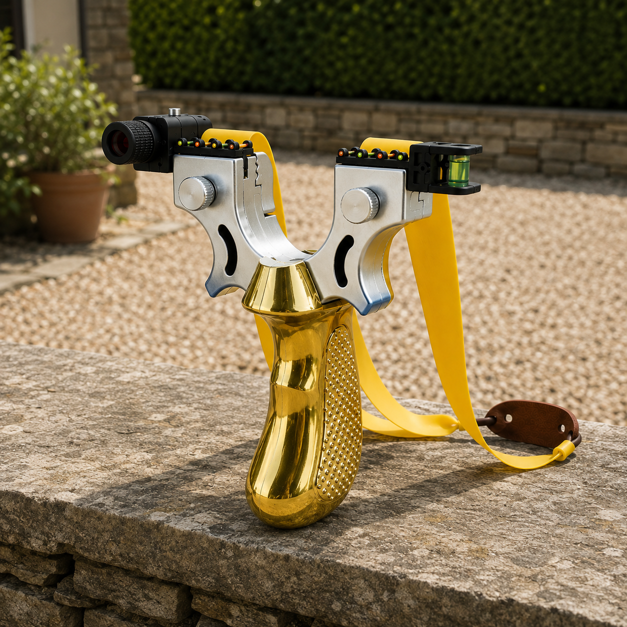 Gold slingshot with laser sight and spirit level standing on a low stone wall in a gravel yard, yellow flat bands and leather pouch fitted