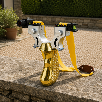 Gold slingshot with laser sight and spirit level standing on a low stone wall in a gravel yard, yellow flat bands and leather pouch fitted