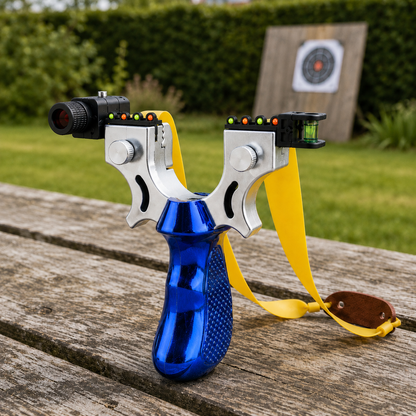 Blue slingshot toy with laser sight and spirit level lying on a weathered oak garden table