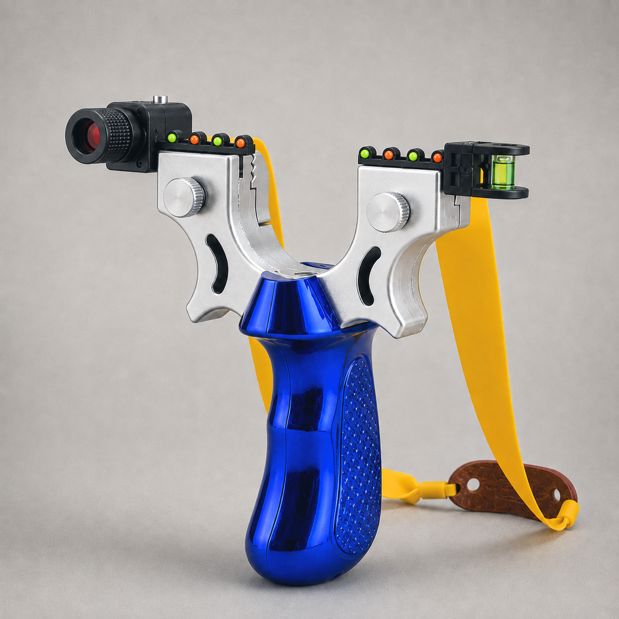 Blue slingshot toy with laser sight, spirit level and flat yellow bands on a plain grey studio background