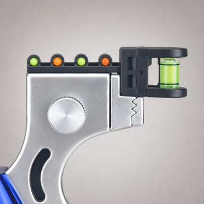Close view of one fork arm showing four colored sight beads and the upright spirit level vial