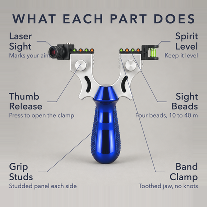 Labeled diagram of the slingshot toy naming the laser sight, sight beads, spirit level, thumb release, band clamp and grip studs