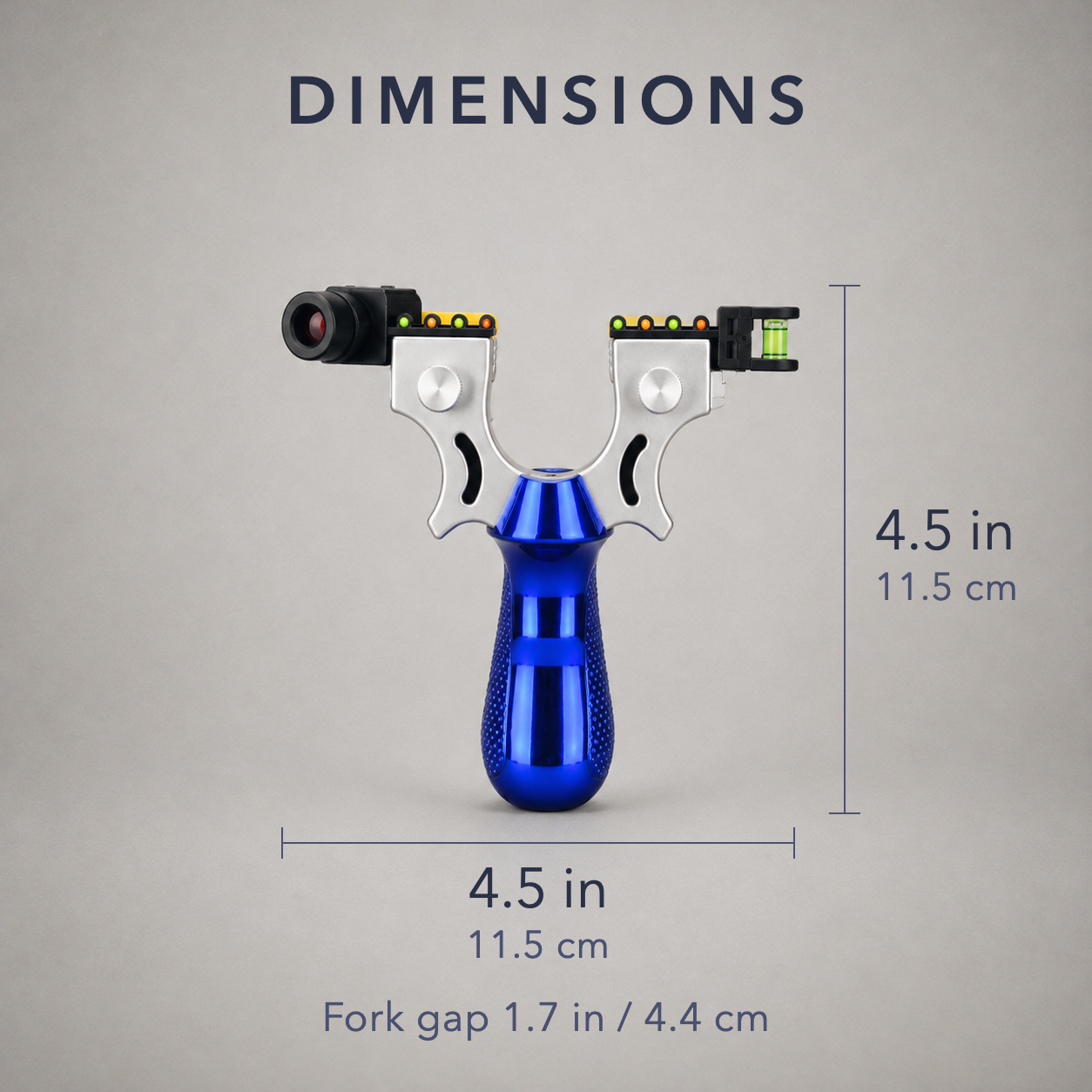 Dimensions diagram: the slingshot toy is 4.5 by 4.5 inches, 11.5 by 11.5 cm, with a 1.7 inch fork gap