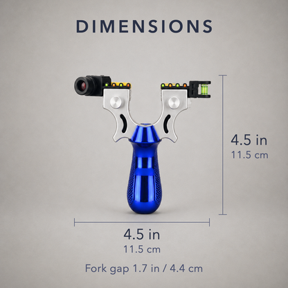 Dimensions diagram: the slingshot toy is 4.5 by 4.5 inches, 11.5 by 11.5 cm, with a 1.7 inch fork gap