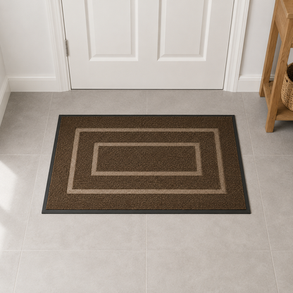 Brown door mat with two pale bands around a plain center panel, lying on pale gray tile inside a hallway by a white door.