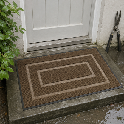 Brown door mat on a damp concrete back step after rain, beside a white painted door.