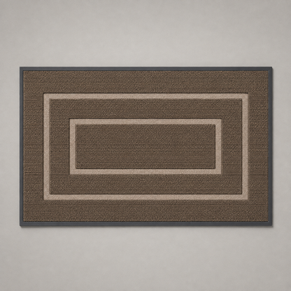 Brown door mat photographed flat from above on a plain gray background, with two pale bands around a plain center panel.