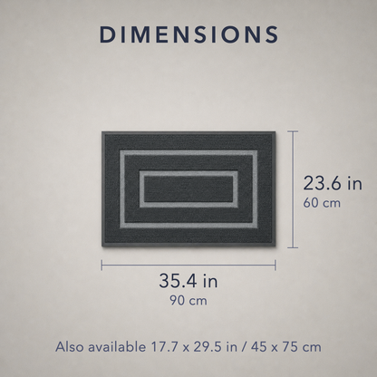 Dimension card for the large door mat: 35.4 in / 90 cm long and 23.6 in / 60 cm wide, also available 17.7 x 29.5 in / 45 x 75 cm.