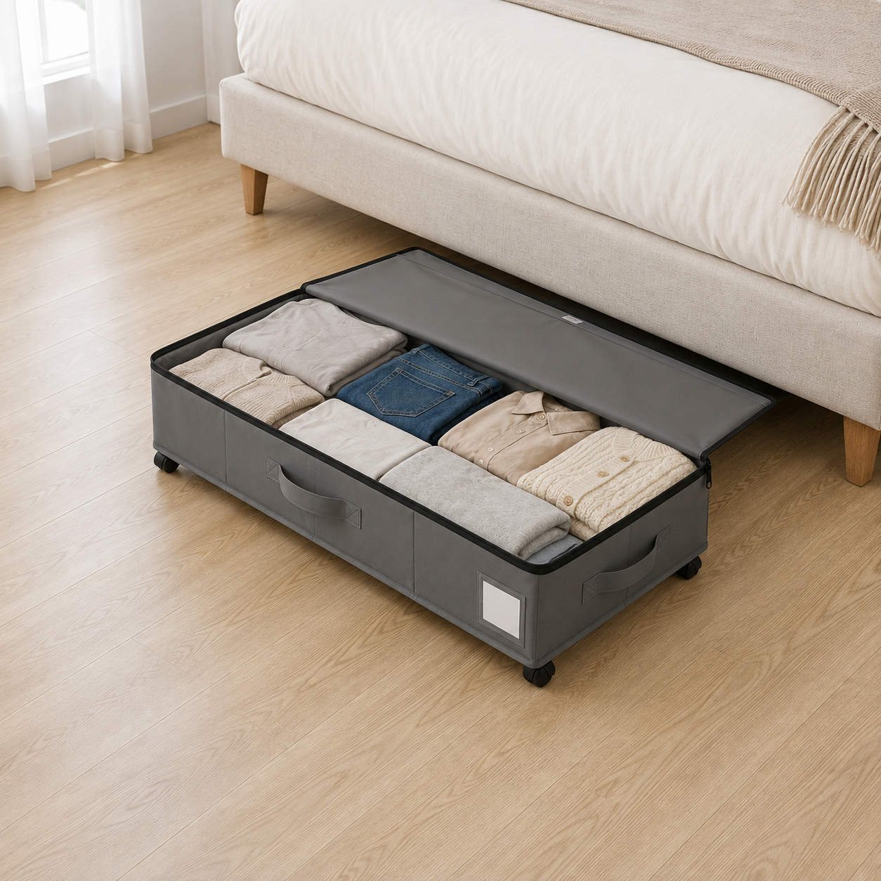 Gray under bed storage box open with the lid folded back along its long edge, folded sweaters and jeans packed inside.