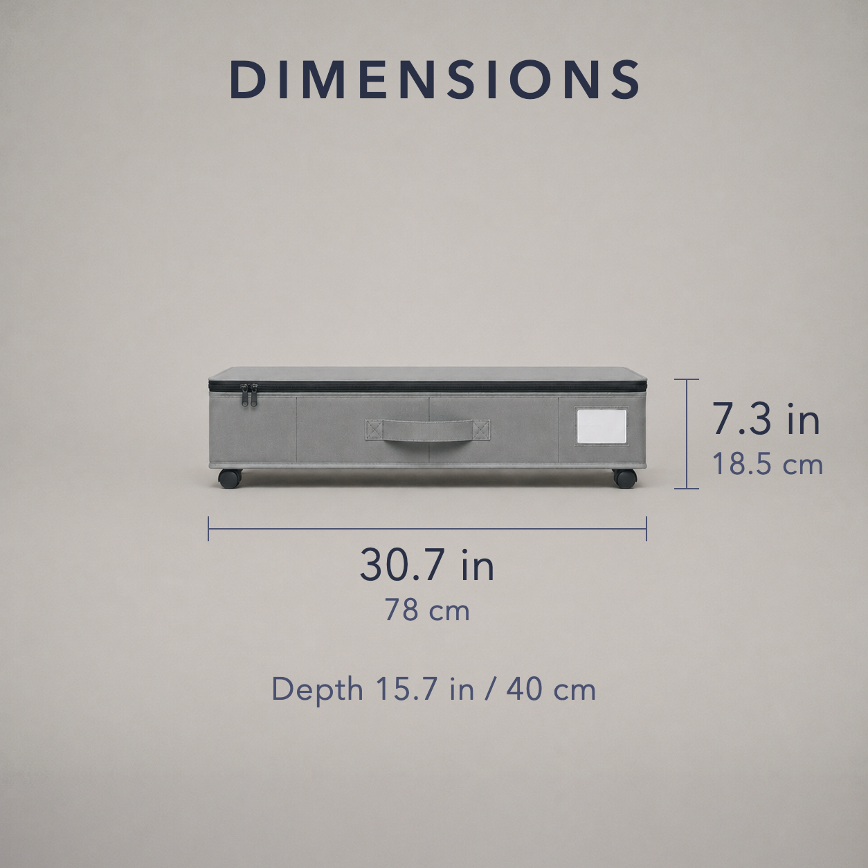 Dimension card for the under bed storage box, showing 30.7 inches wide by 7.3 inches tall with a depth of 15.7 inches