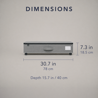 Dimension card for the under bed storage box, showing 30.7 inches wide by 7.3 inches tall with a depth of 15.7 inches