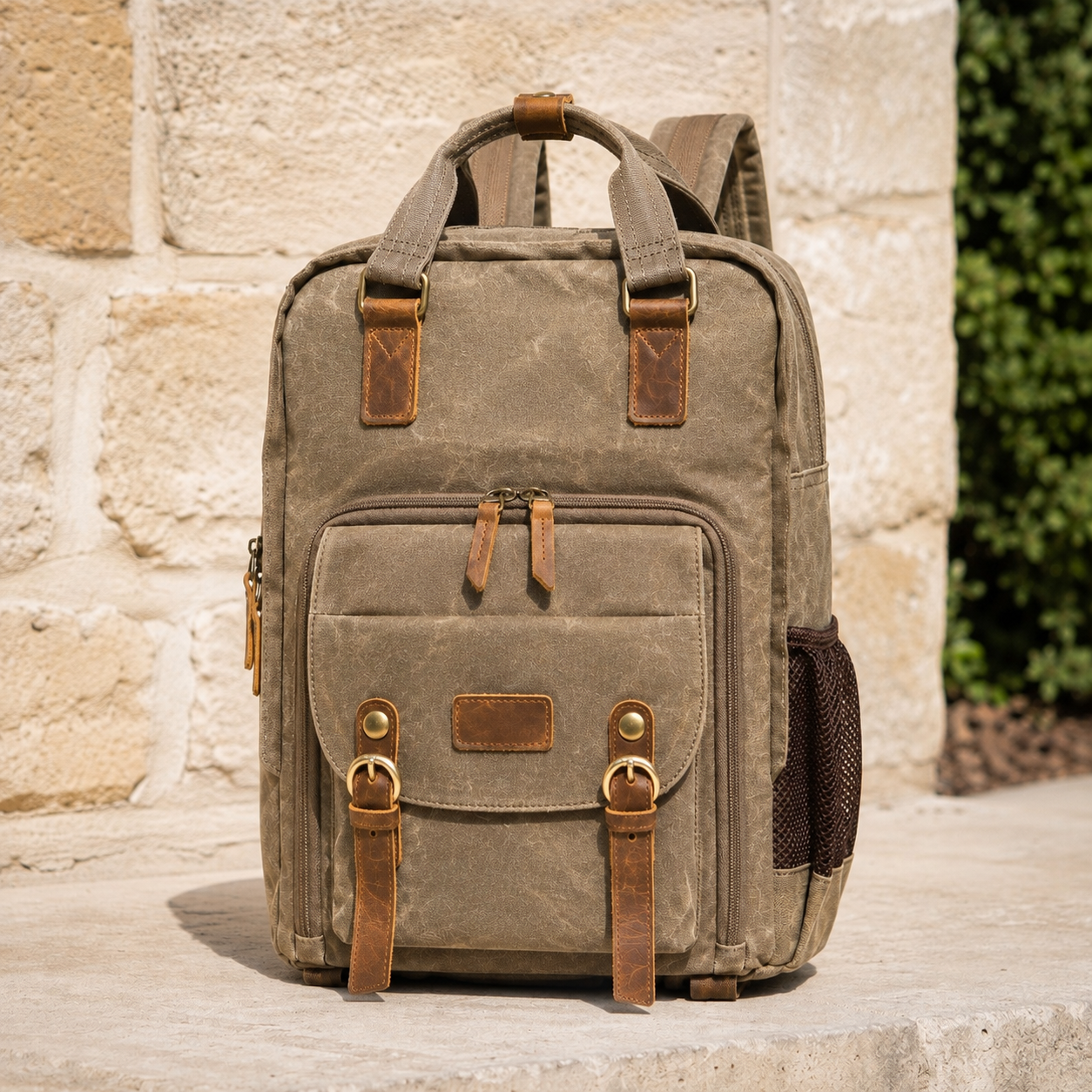 The khaki waxed canvas camera backpack standing on a pale stone step, front zip and flap pocket facing the camera