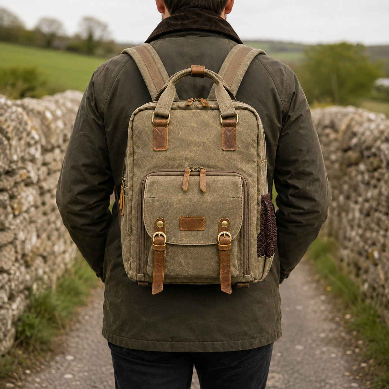 The khaki camera backpack worn on a walker's back on a country lane, seen from behind with its front face to the camera