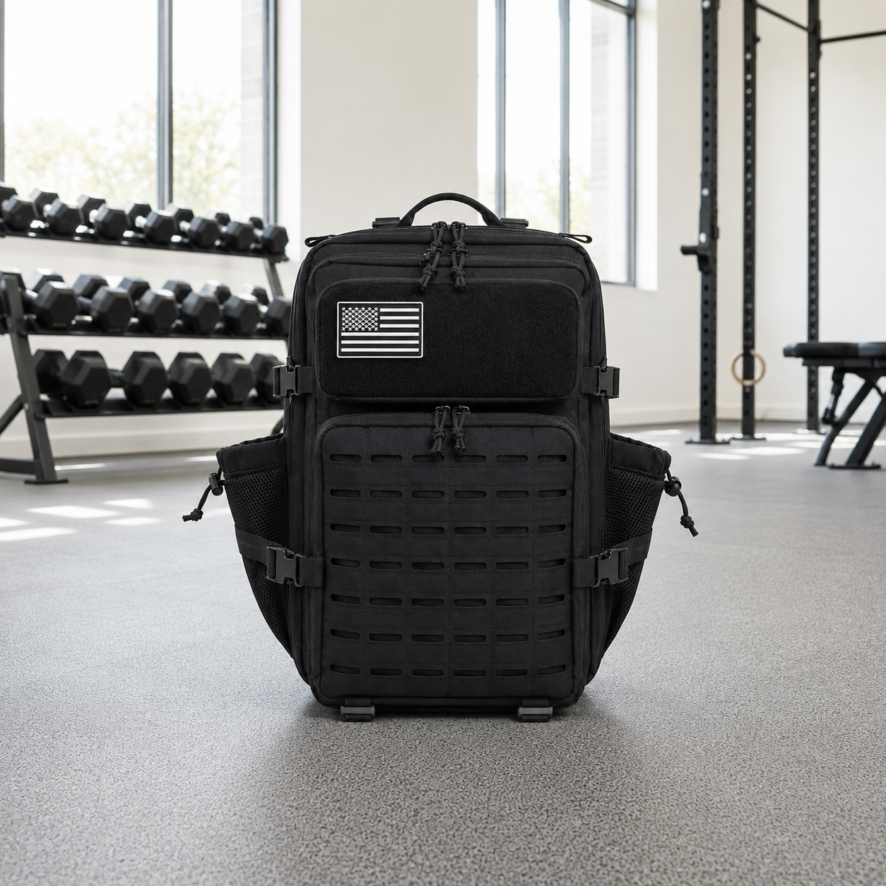 Black laser cut MOLLE tactical backpack standing on a gym floor in daylight
