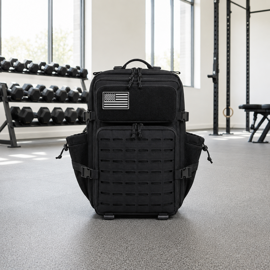 Black laser cut MOLLE tactical backpack standing on a gym floor in daylight