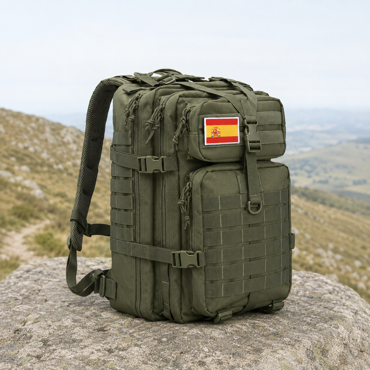 Green tactical backpack with webbing MOLLE rows on a flat rock beside a hill path