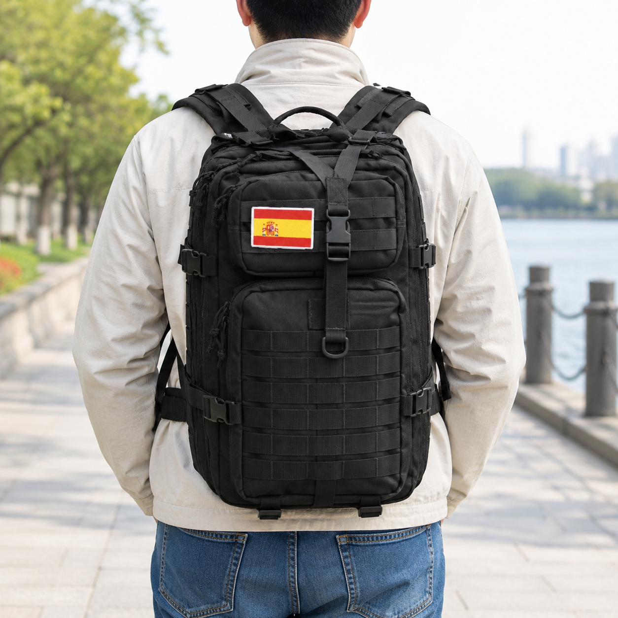 Black webbing MOLLE tactical backpack worn on the back on a riverside path, seen from behind
