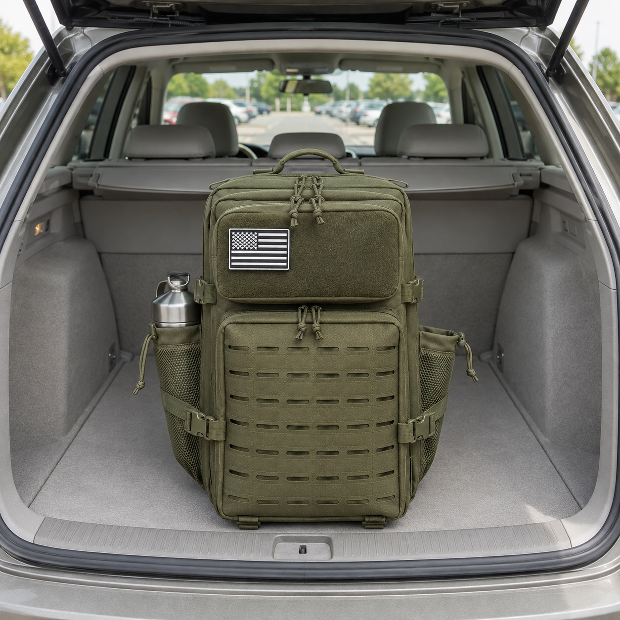 Olive green laser cut MOLLE tactical backpack in an open car boot
