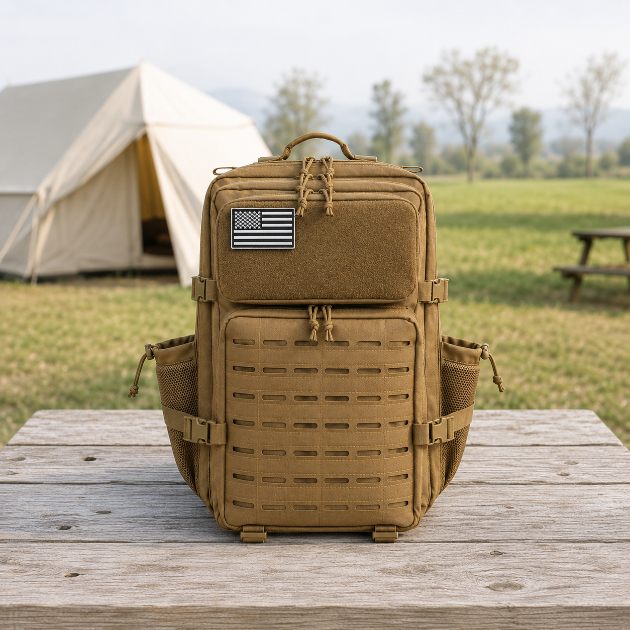 Coyote brown laser cut MOLLE tactical backpack on a campsite table