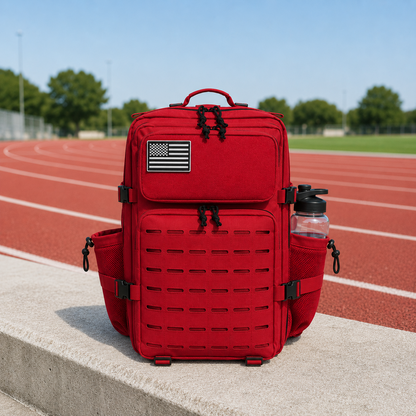 Red laser cut MOLLE tactical backpack at the edge of a running track