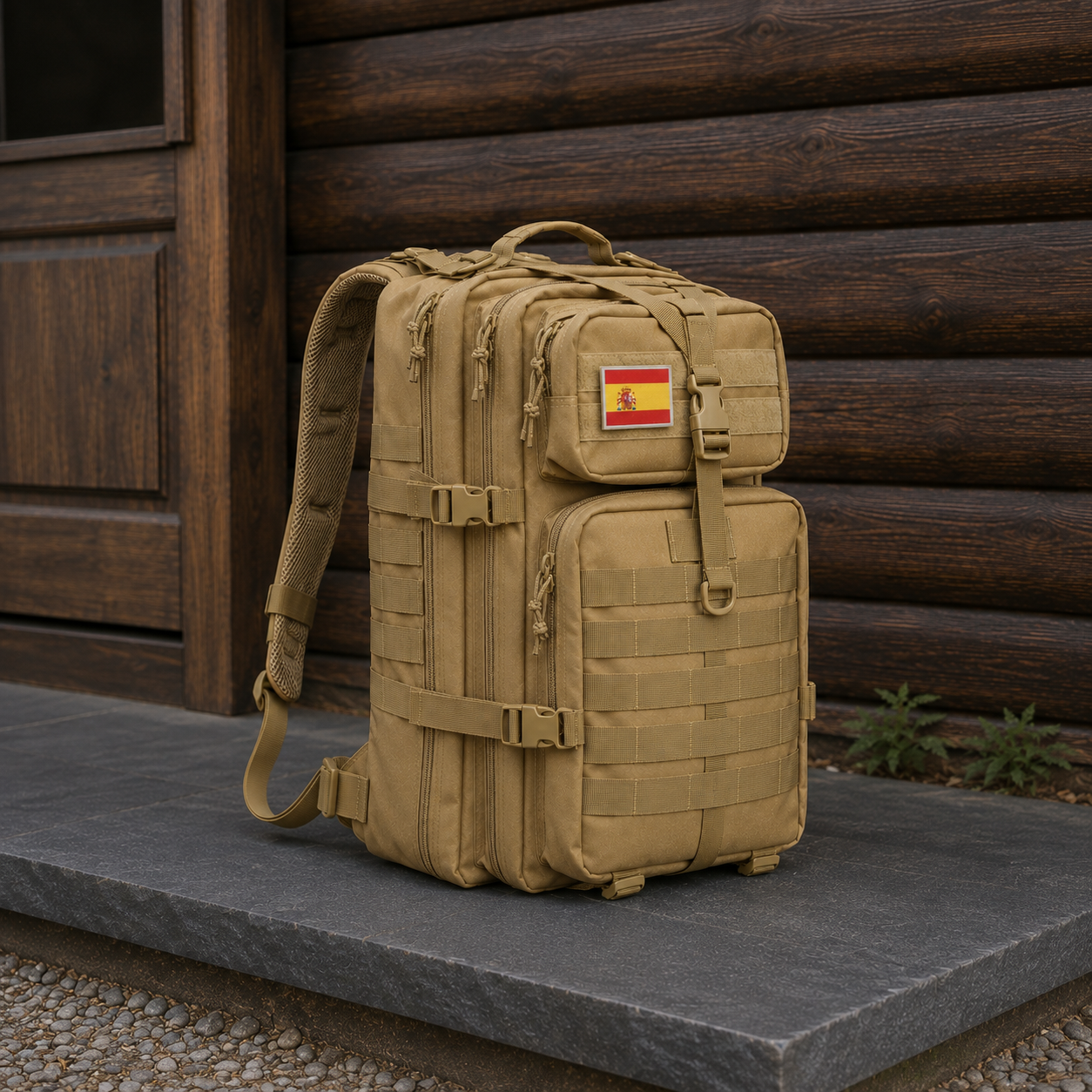 Khaki tactical backpack with webbing MOLLE rows on a slate step outside a cabin