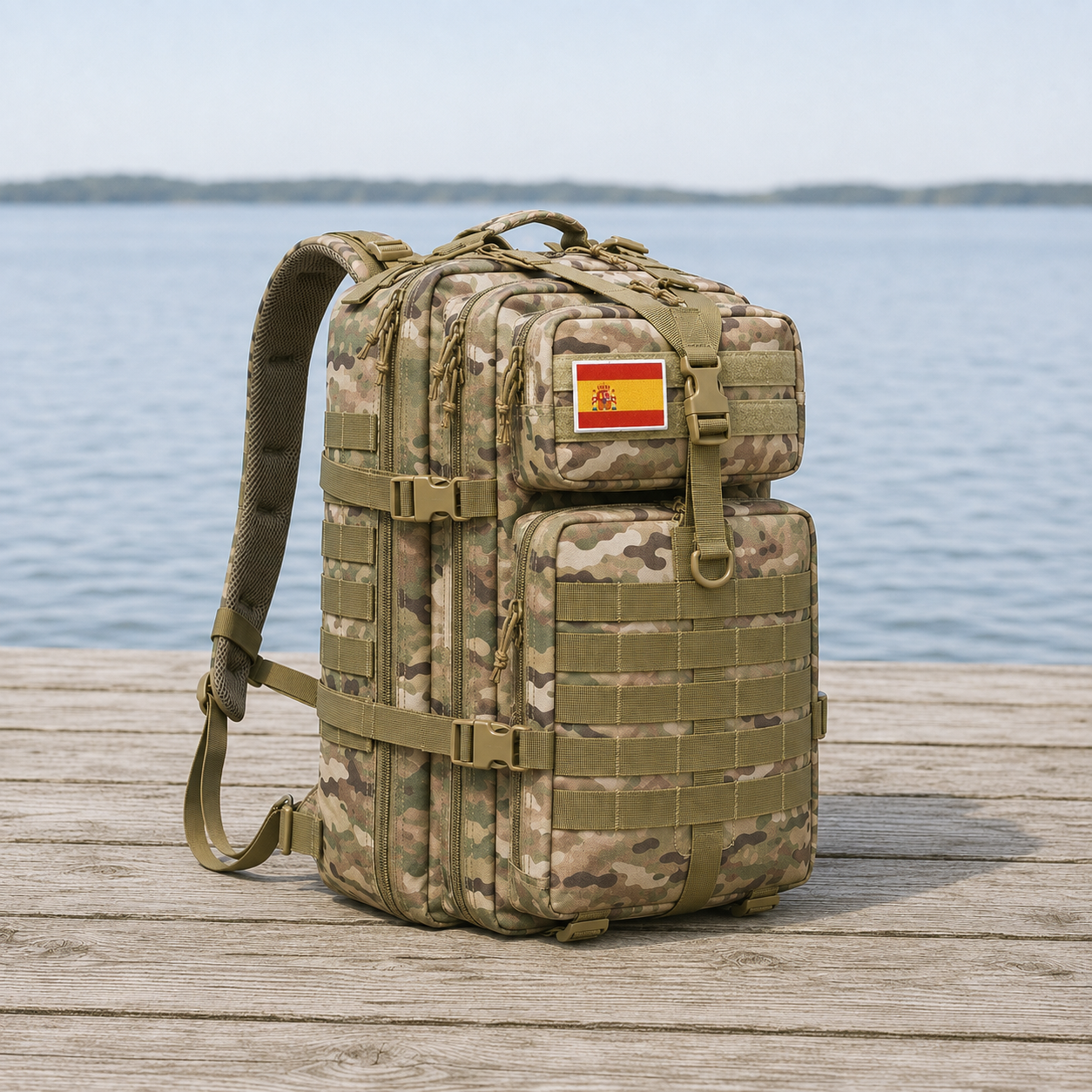 Camouflage tactical backpack with webbing MOLLE rows on a lakeside jetty