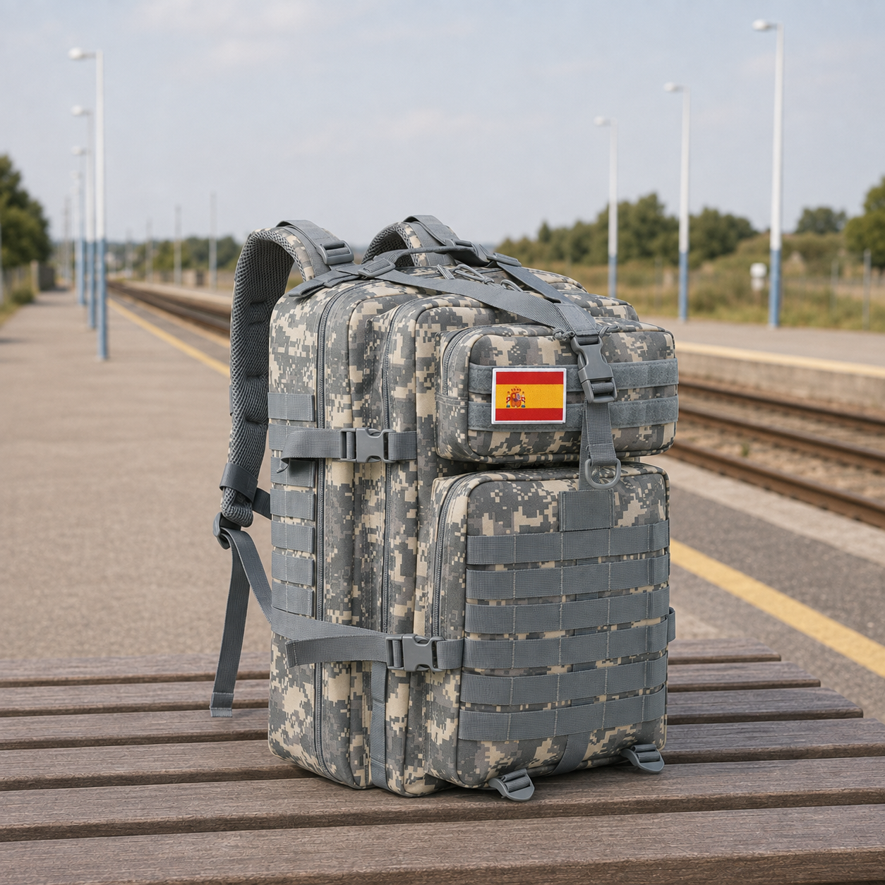 Grey pixel camouflage tactical backpack with webbing MOLLE rows on a station platform bench