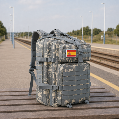 Grey pixel camouflage tactical backpack with webbing MOLLE rows on a station platform bench