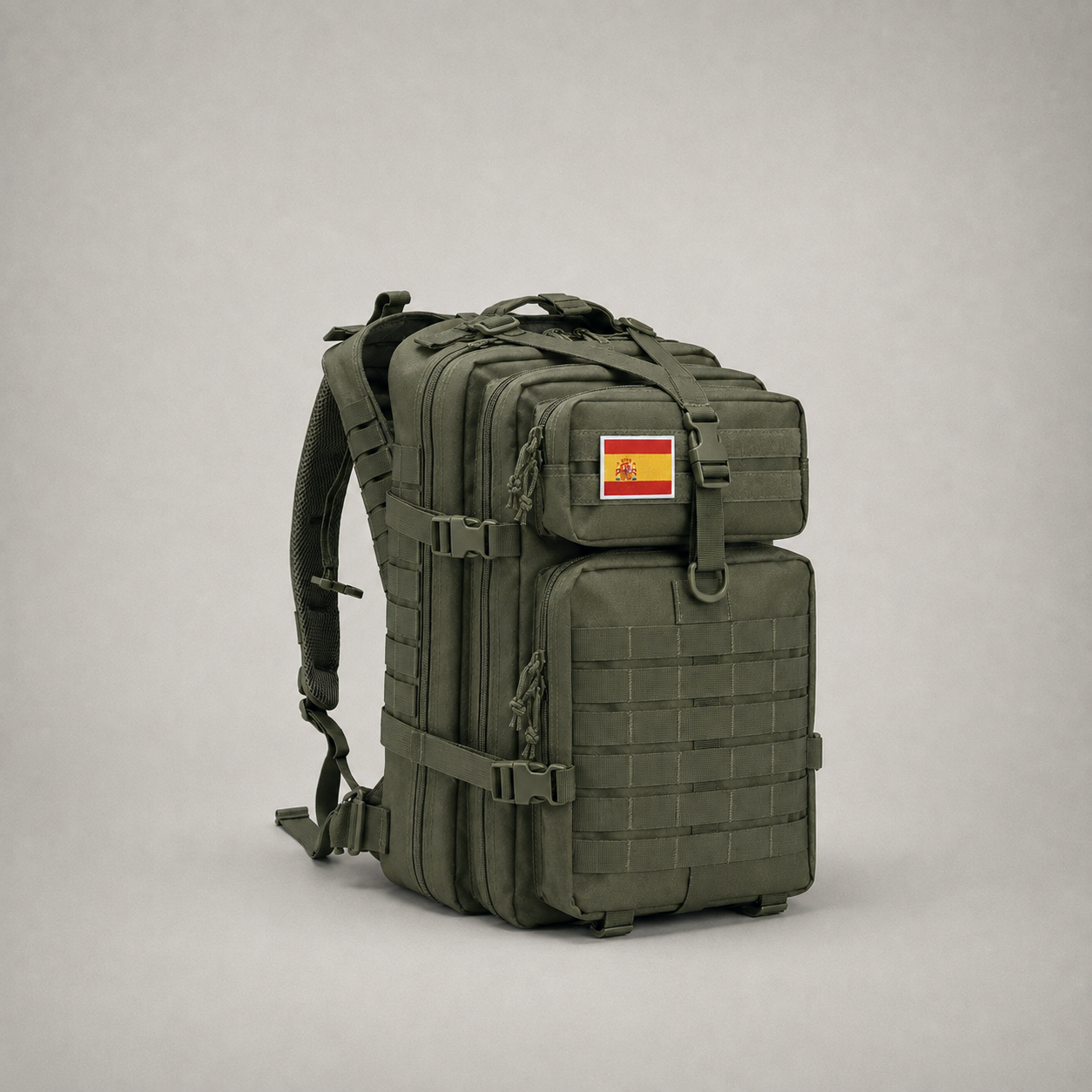 Green 45 litre tactical backpack with webbing MOLLE rows, three quarter view on a plain grey background