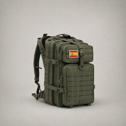 Green 45 litre tactical backpack with webbing MOLLE rows, three quarter view on a plain grey background