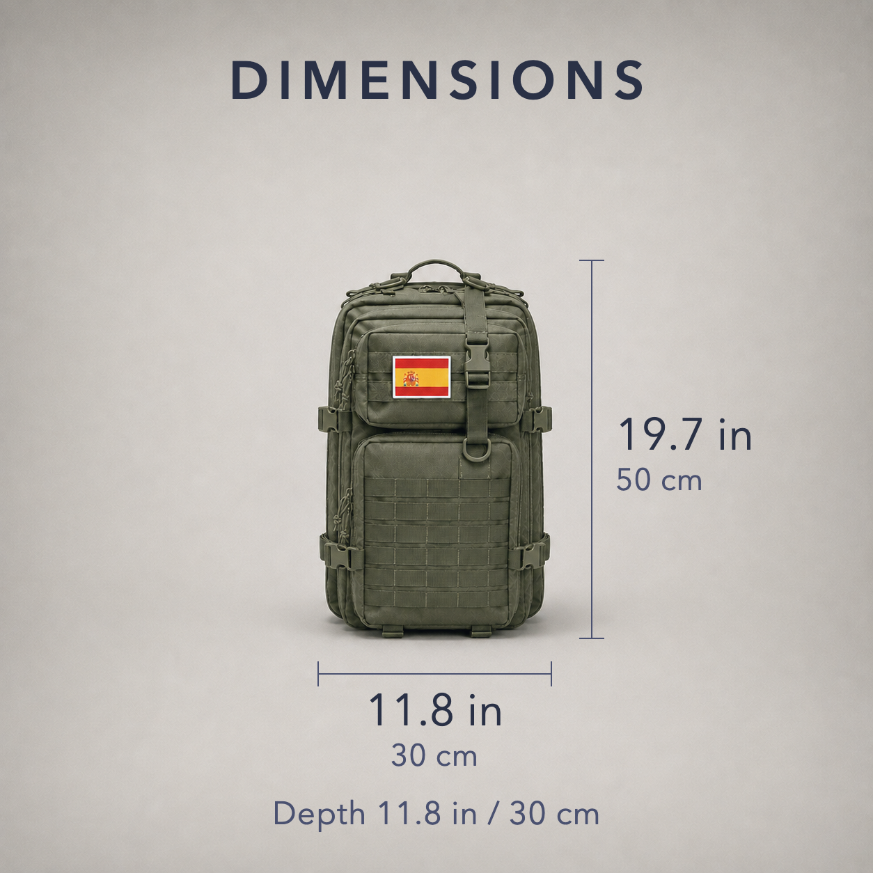 Dimension card for the 45 litre tactical backpack, showing 19.7 inches high by 11.8 inches wide with a depth of 11.8 inches