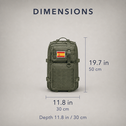 Dimension card for the 45 litre tactical backpack, showing 19.7 inches high by 11.8 inches wide with a depth of 11.8 inches