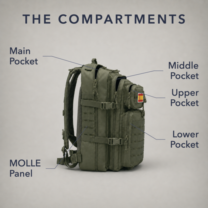 Side view of the tactical backpack with three compartments partly unzipped, labelled main, middle, upper and lower pockets and the MOLLE panel