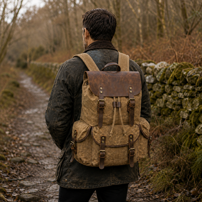 The khaki waxed canvas rucksack worn on both shoulders on a stony woodland path beside a dry stone wall