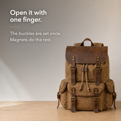The khaki rucksack closed, both front pocket straps buckled down over the leather flap