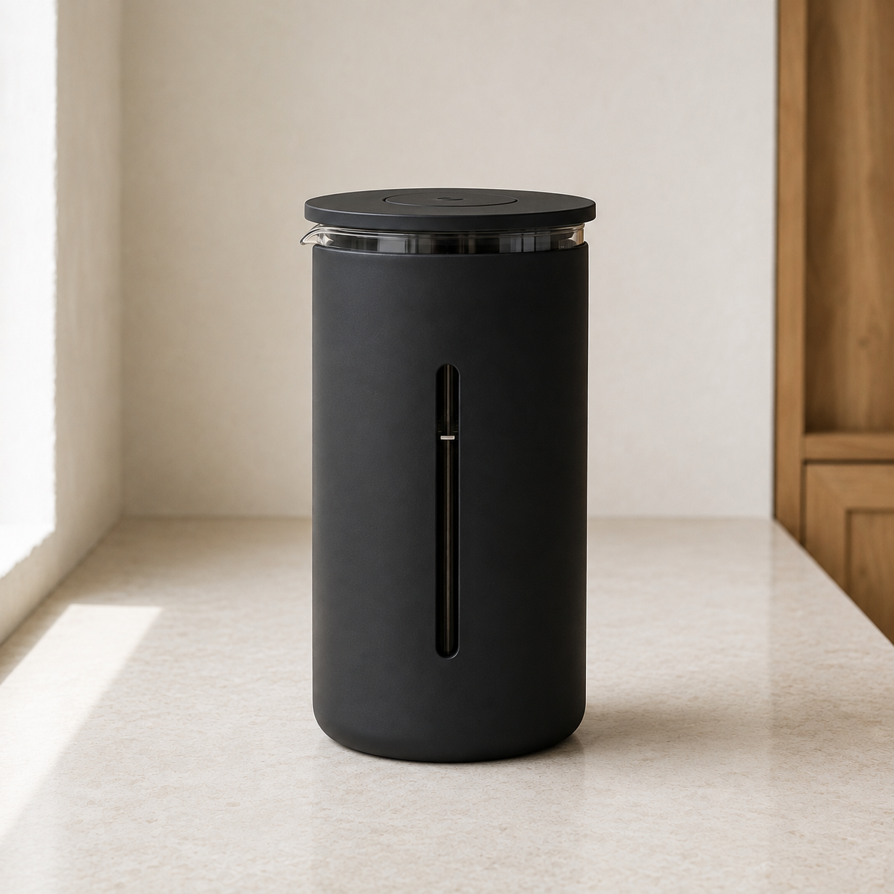 Matt black French press coffee maker standing on a pale stone kitchen worktop in daylight.