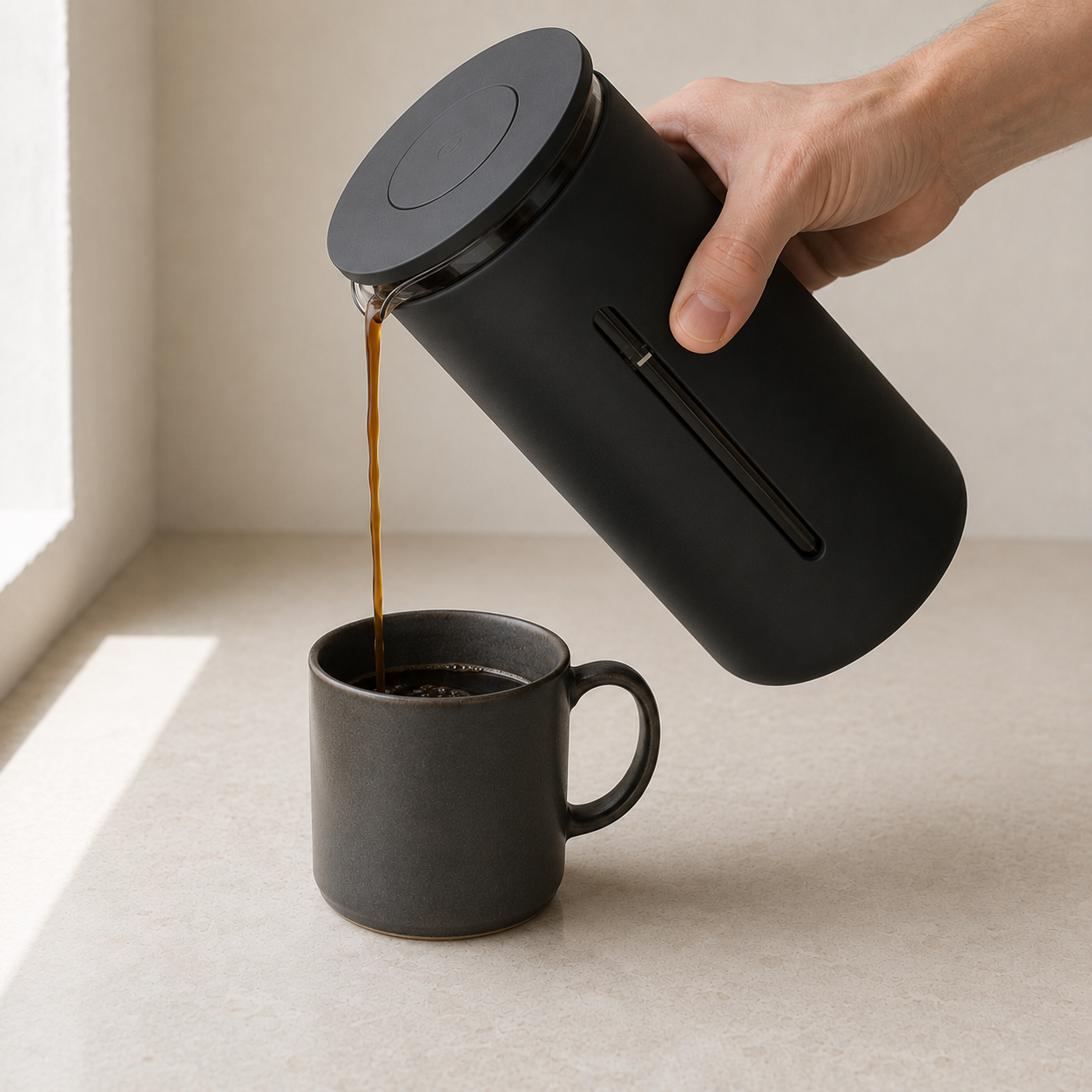 Black French press being poured from its glass lip into a dark stoneware mug.