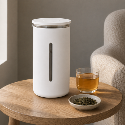 White French press on an oak side table with a glass cup of tea and loose tea leaves.