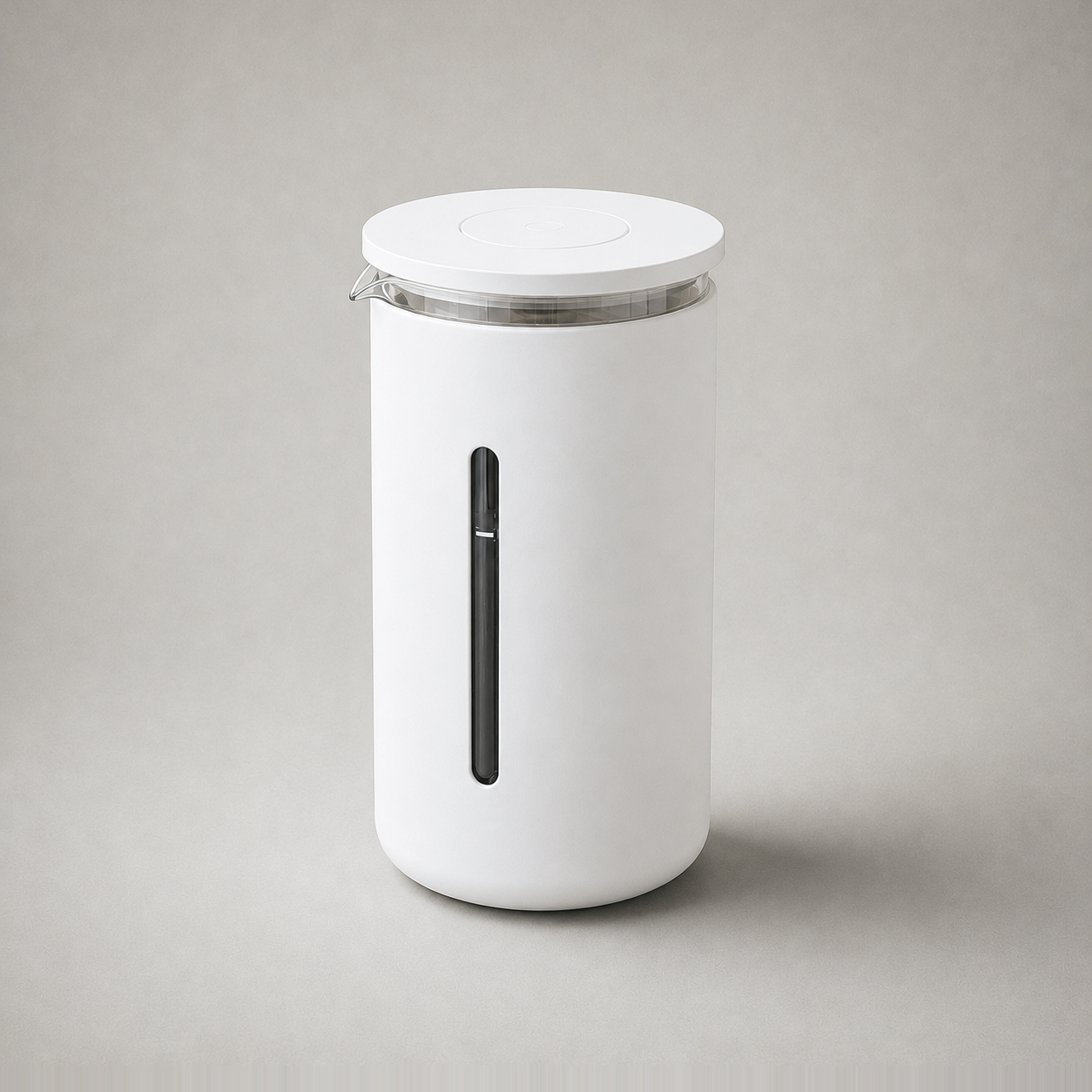 Studio photograph of the white French press coffee maker on a plain grey background.