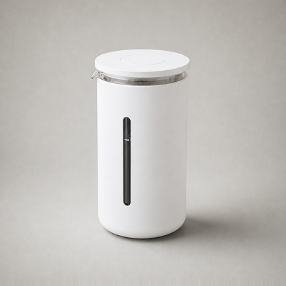 Studio photograph of the white French press coffee maker on a plain grey background.