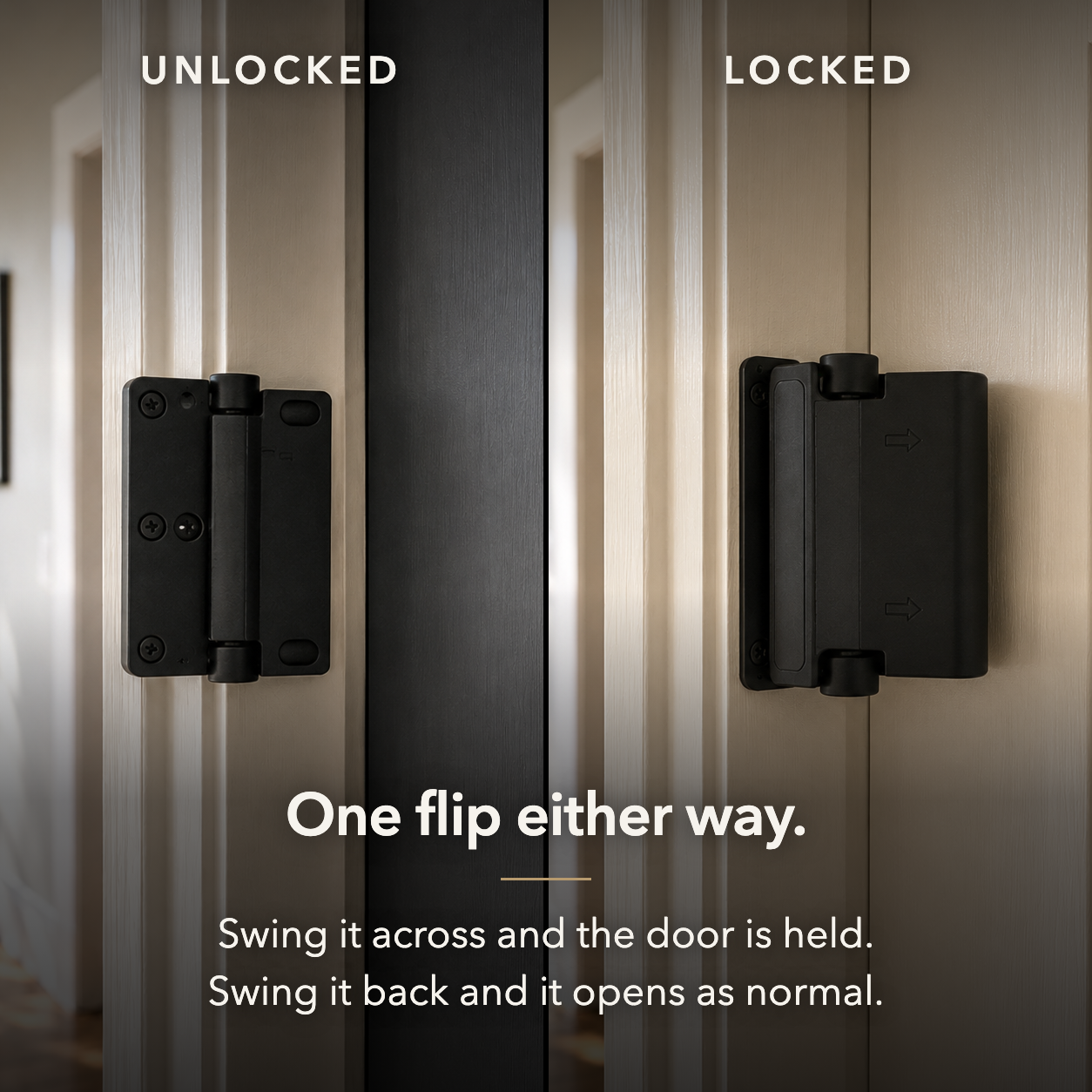 Unlocked and locked side by side - swing the arm across and the door is held, swing it back and it opens as normal
