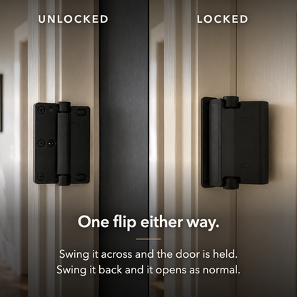 Unlocked and locked side by side - swing the arm across and the door is held, swing it back and it opens as normal